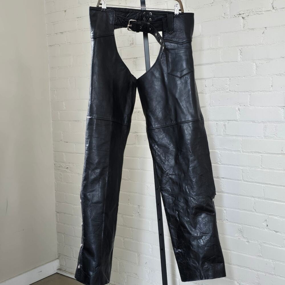 Interstate Leather Black Genuine Leather Motorcycle Chaps Biker Riding XXXL 3XL